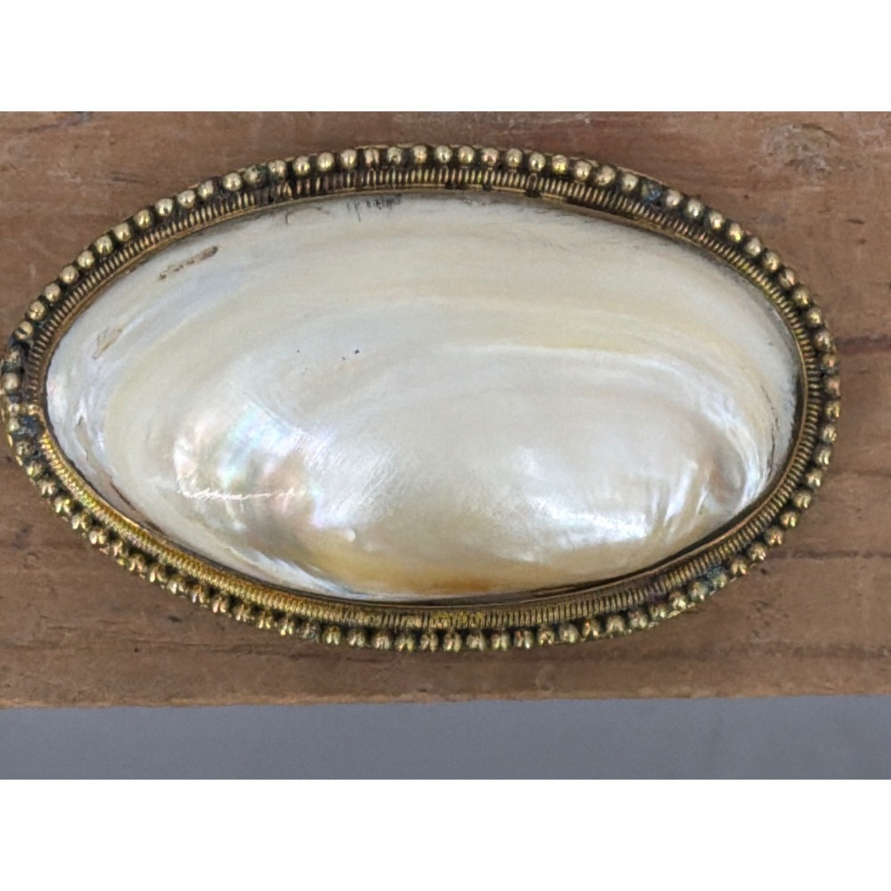 Vintage Mother of Pearl Shell Belt Buckle Gold Tone Beaded Oval Sash Slide